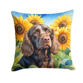Boykin Spaniel in Sunflowers Throw Pillow Machine Washable, Indoor Outdoor Decorative Pillow for Couch, Bed or Patio, 14Hx14W