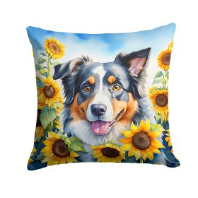 Australian Shepherd in Sunflowers Throw Pillow Machine Washable, Indoor Outdoor Decorative Pillow for Couch, Bed or Patio, 14Hx14W