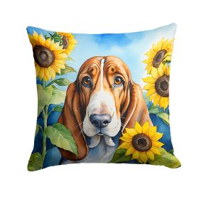 Basset Hound in Sunflowers Throw Pillow Machine Washable, Indoor Outdoor Decorative Pillow for Couch, Bed or Patio, 14Hx14W
