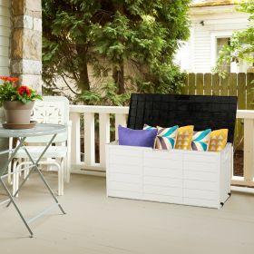 White Body, Black Cover, Wood Grain Style With Two Wheels Injection Molded Courtyard Plastic Storage Box