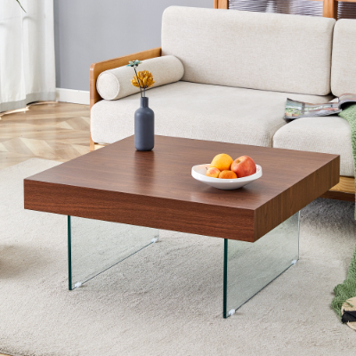 Natural Style Square MDF Coffee Table - 31.5x31.5 With Tempered Glass Legs.Density Board Sticker,Reinforced Glass