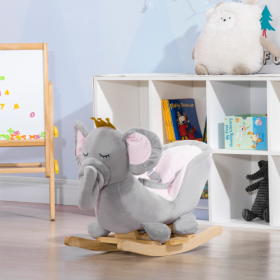 Qaba Baby Rocking Horse Elephant Rocking Chair Toddler Rocker Toy With Sound Wooden Base Seat Safety Belt For 1.5-3 Year Old, Gray (Color: grey)
