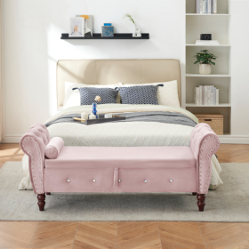 63.38Velvet Multifunctional Storage Rectangular Ottoman Bench Comes With Crystal Buckle Solid Wood Legs With 1 Pillow (Color: Pink)