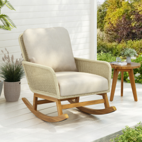 Contemporary Minimalist Ivory Wicker Rocking Chair With Soft Polyester Cushions And Durable Wooden Frame, Perfect For Indoor And Outdoor Spaces L (Option: Ivory-1pcs)