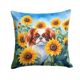 Japanese Chin in Sunflowers Throw Pillow Machine Washable, Indoor Outdoor Decorative Pillow for Couch, Bed or Patio, 14Hx14W (Default: Default)