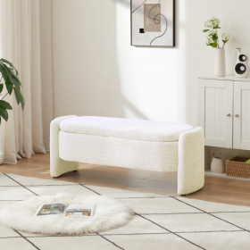 Ottoman Oval Storage Bench 3D Lamb Fleece Fabric Bench With Large Storage Space For The Living Room, Entryway And Bedroom (Option: Cream White)