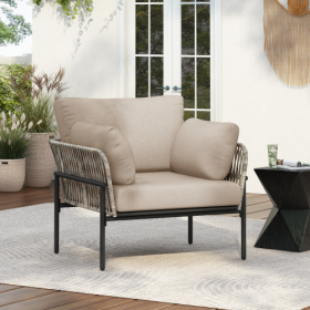 36 Beige Iron Lounge Chair With Rope Weave Design And Plush Cushions, Perfect For Indoor And Outdoor Relaxation (Option: BeigeGrey)